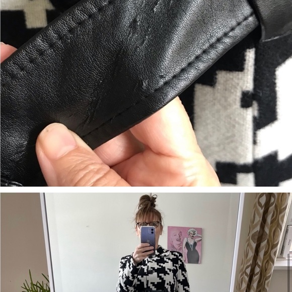 VIA SPIGA CREAM BLACK HOUNDSTOOTH COAT POCKETS FAUX LEATHER BELT SLIT LINED - Picture 5 of 5